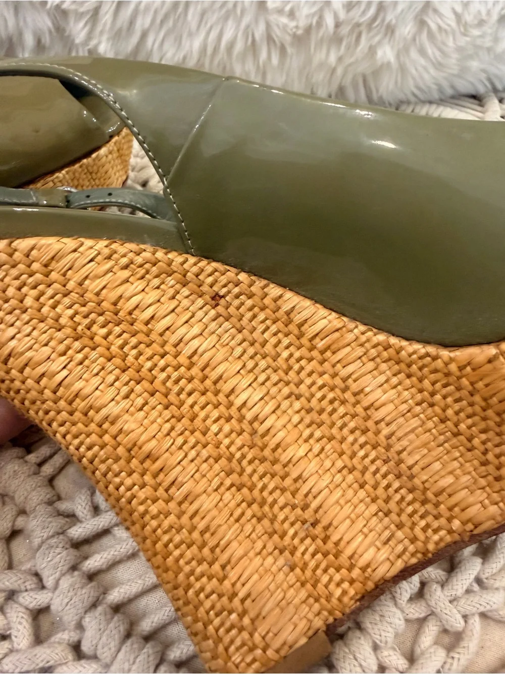 Gucci Olive Patent Leather Raffia Wedge Slingback